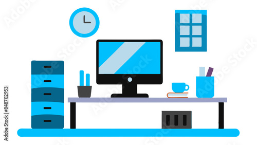 An organized office desk featuring a computer, books, a clock, and miscellaneous items.