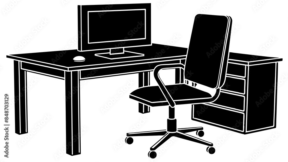 Workspace featuring desk and chair. A desk and chair are visible in the office interior. Workspace featuring desk and chair. A desk and chair are visible in the office interior.