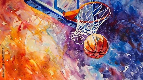 Wallpaper Mural Vibrant watercolor painting of a basketball going through a hoop, abstract sports art capturing the motion and energy of a game in progress Torontodigital.ca