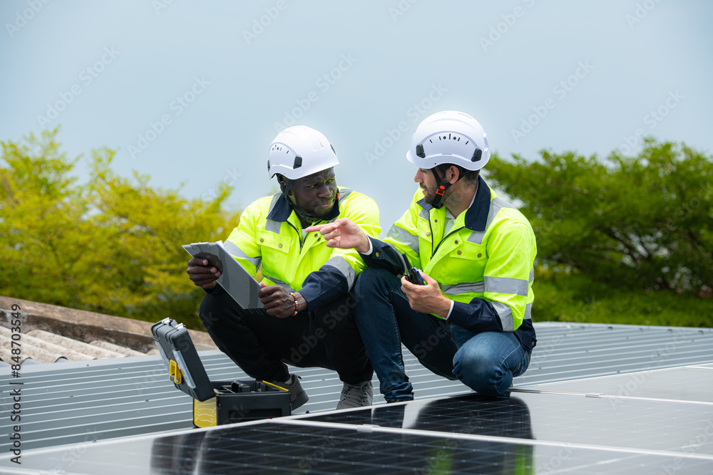 Engineer and technician inspects solar panel installation and test the operation of the panel Engineer and technician inspects solar panel installation and test the operation of the panel