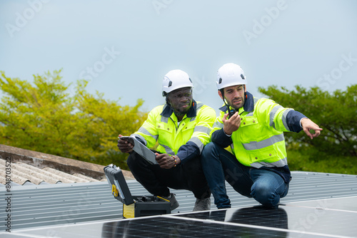 Wallpaper Mural Engineer and technician inspects solar panel installation and test the operation of the panel Torontodigital.ca