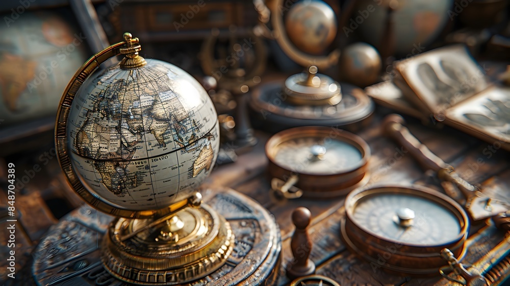Aged Antique Globes and Compasses Captured in Dramatic Low Angle Perspective Showcasing Intricate Details and Textures Aged Antique Globes and Compasses Captured in Dramatic Low Angle Perspective Showcasing Intricate Details and Textures