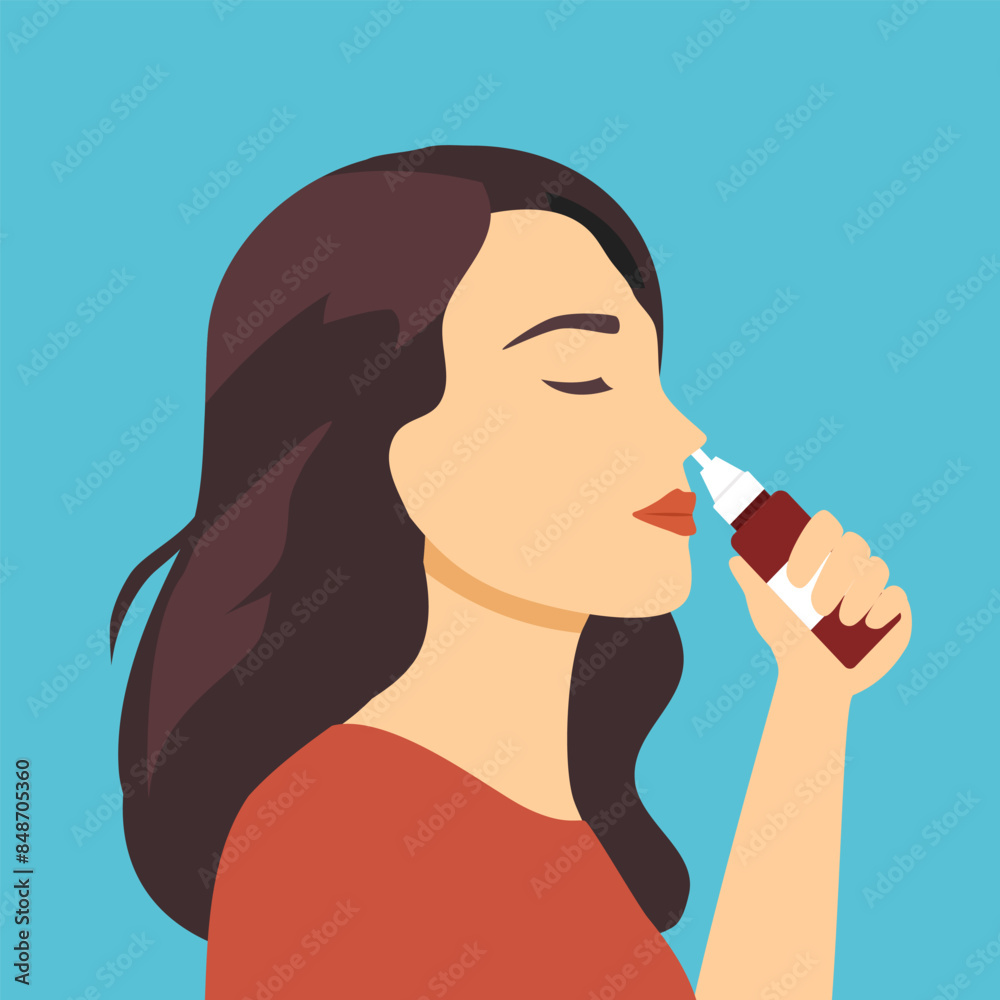 Woman using nasal spray suffer from runny nose. Unhealthy female take medication struggling with cold or flu. Healthcare and medication. Woman using nasal spray suffer from runny nose. Unhealthy female take medication struggling with cold or flu. Healthcare and medication.