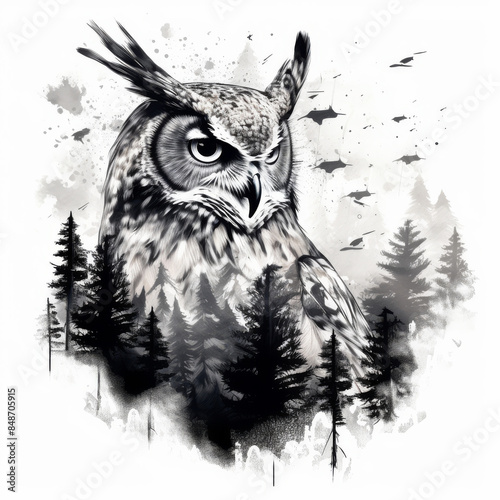 Owl with forest background tattoo idea