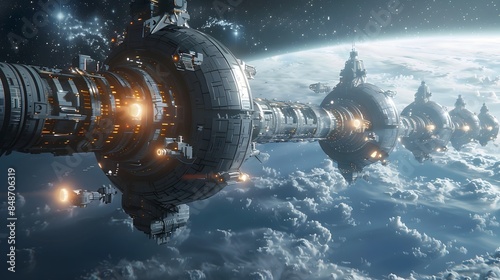 Fototapeta Naklejka Na Ścianę i Meble -  Futuristic Orbital Space Station Orbiting Vibrant Gas Giant Planet with Intricate Design and Glowing Lights