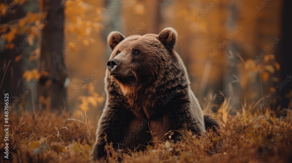 Fototapeta premium Autumn wildlife photography captures a stunning brown bear in the forest