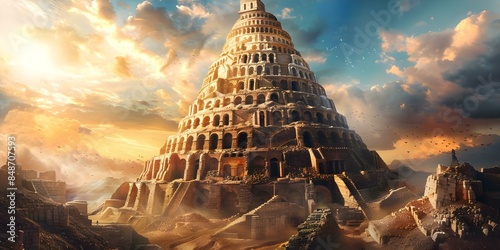 Babylons Tower of Babel story from the Bible with multilingual speech. Concept Bible Stories, Tower of Babel, Multilingual Speech, Religious Narratives, Biblical Teachings