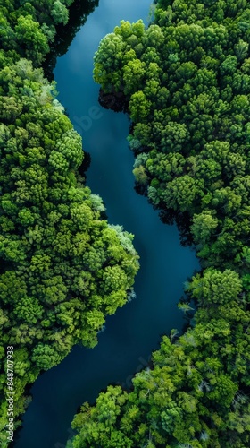 Forest River Reflections: Aerial shot of a winding river reflecting the lush greenery of the surrounding forest, creating a mirror-like image of the natural landscape.