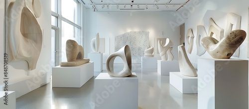 A panoramic shot of a contemporary gallery displaying a curated selection of minimalist sculptures that challenge traditional forms and materials. 