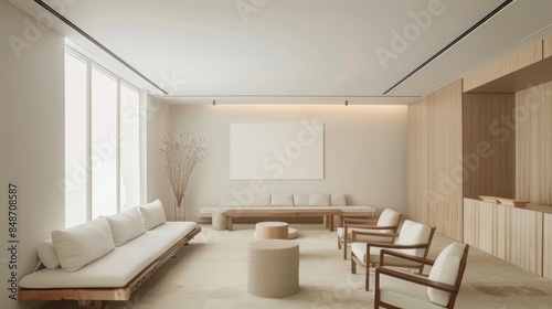 a modern and minimalist lounge space with a curated selection of furnishings, centered around a pristine white canvas that serves as a blank slate for artistic expression