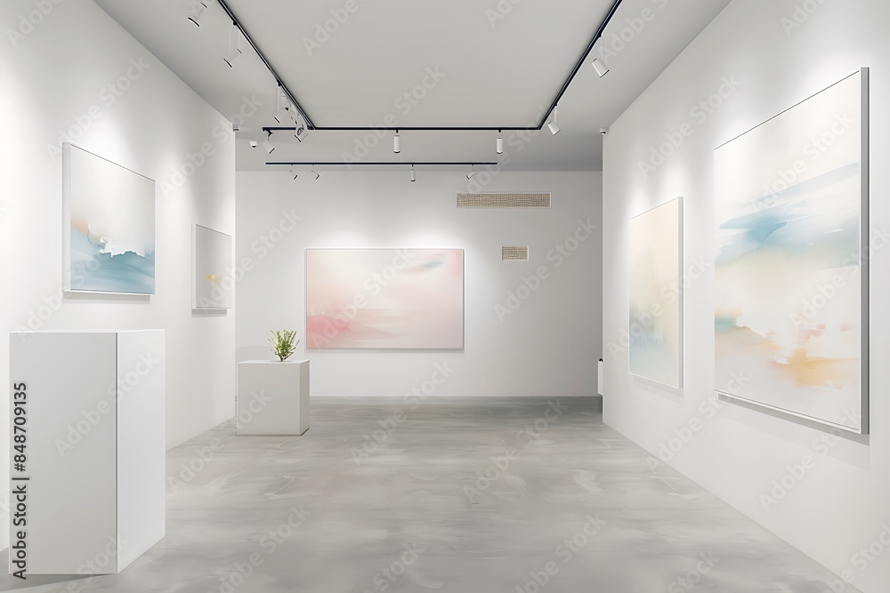 A refined art gallery with minimalist white walls and soft natural light, displaying a selection of abstract paintings that evoke a sense of calm and introspection. A refined art gallery with minimalist white walls and soft natural light, displaying a selection of abstract paintings that evoke a sense of calm and introspection.