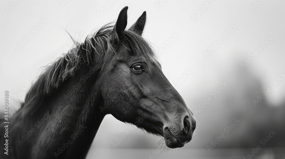 Fototapeta premium Close up portrait of a young stallion standing in a paddock at a horse farm