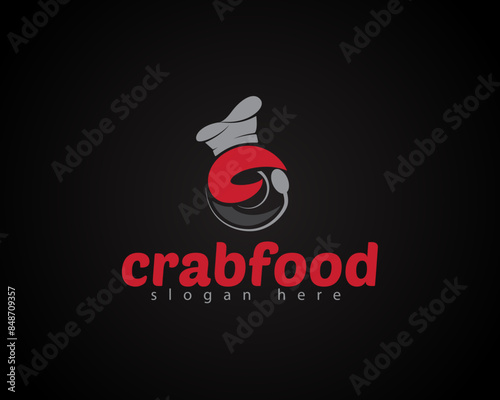 creative crab claws with a circular spoon and a chef's hat on top logo for seafood
