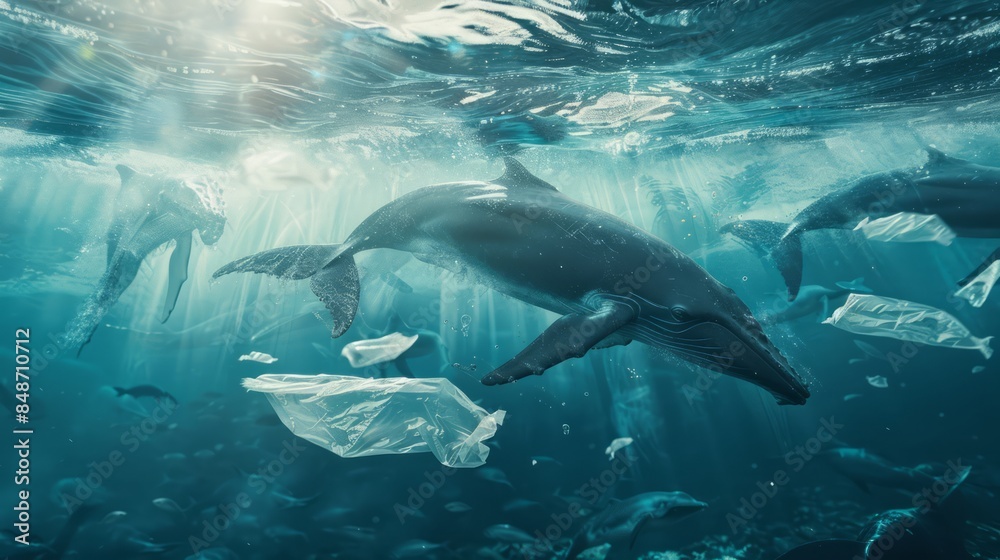 Obraz premium Whale in the sea full of plastic, environmental conservation concept