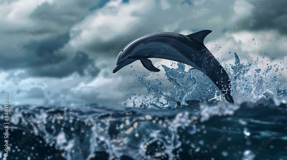 Fototapeta premium Close-up on a dolphin as it leaps from the water, dynamic movement frozen in time. 