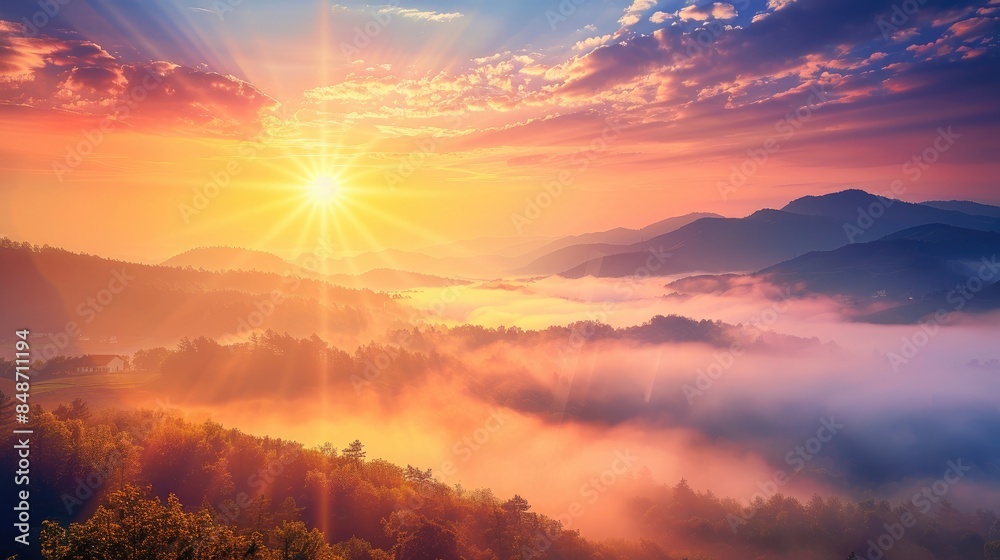 Obraz premium Beautiful sunrise landscape with hilltops rising out of the fog