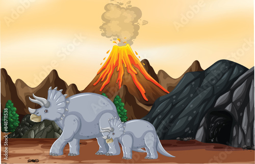 Two dinosaurs near an erupting volcano