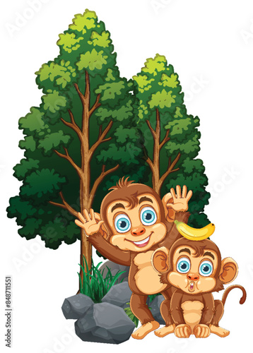 Two monkeys playing near trees and rocks
