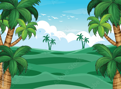 Lush green scenery with palm trees