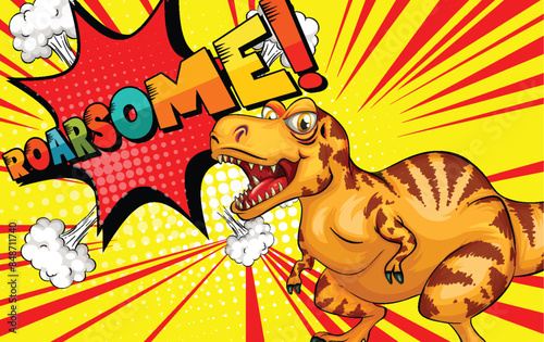 Colorful dinosaur with comic-style text and effects