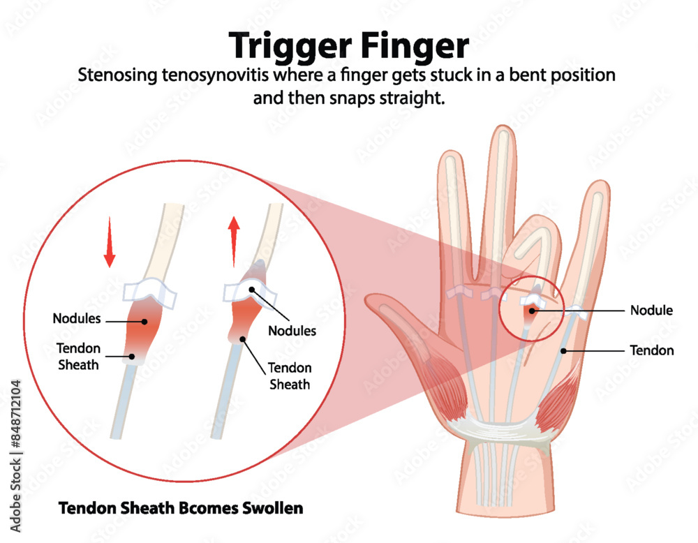 Obraz premium Diagram explaining trigger finger condition and symptoms