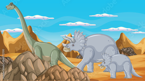 Dinosaurs roaming in a rocky desert scene