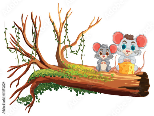 Two mice sitting on a fallen tree