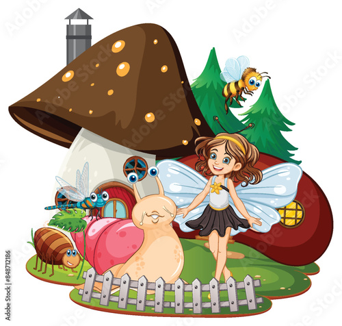 Fairy with insects near a mushroom house