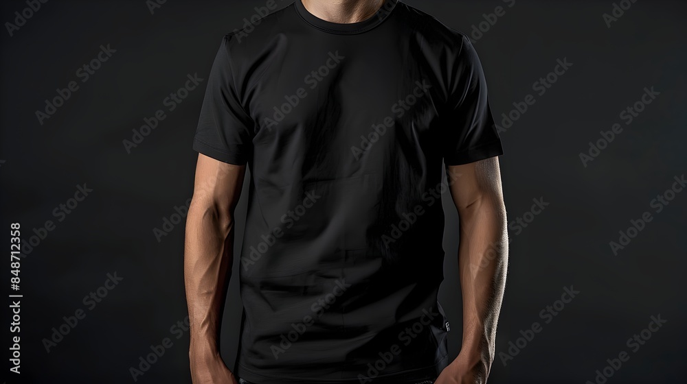 Man wearing a black shirt mockup againts black background, providing a casual t-shirt mockup placement for design print. Man wearing a black shirt mockup againts black background, providing a casual t-shirt mockup placement for design print.