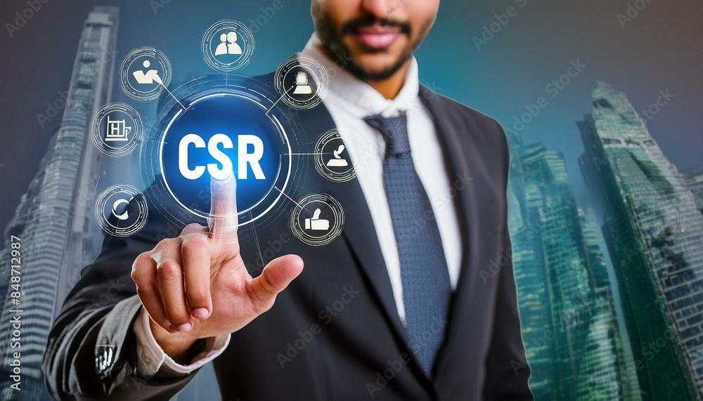 CSR Businessman touching the CSR icon and global technological Networking Social Responsibility Ethical Practices Sustainable Initiatives CSR Businessman touching the CSR icon and global technological Networking Social Responsibility Ethical Practices Sustainable Initiatives