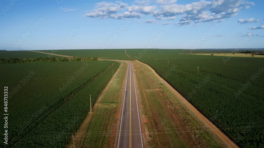 Vídeo aéreo de uma rodovia atravessando uma plantação de algodão, Chapada dos Guimarães, Mato Grosso, Brasil, América do Sul