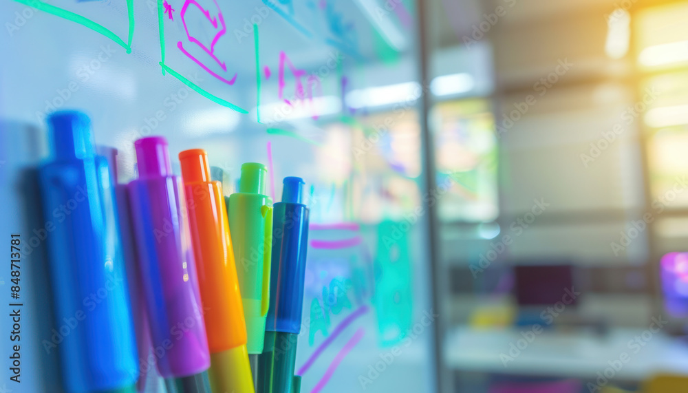 A white board with colorful pens on it A white board with colorful pens on it