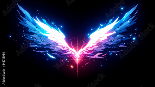 Abstract Blue and Red Glowing Phoenix Wings on Dark Background