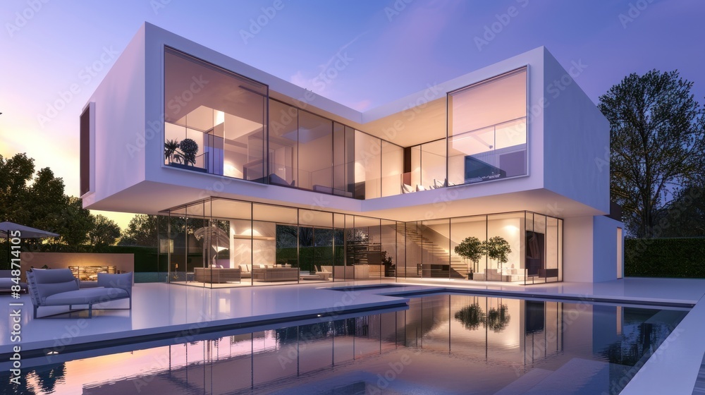 Fototapeta premium beautiful modern white luxury house with swimming pool at night