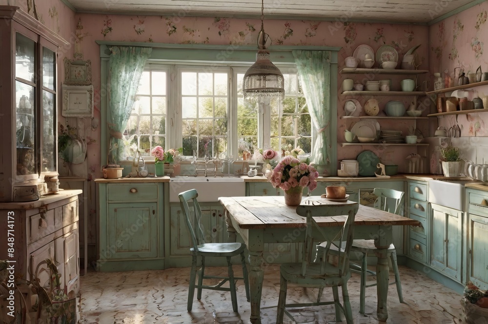 shabby chic kitchen floral wallpaper, wooden furniture, rustic dining table. The kitchen decorated with potted plants, hanging utensils, and various kitchenware. Sunlight streams through the windows shabby chic kitchen floral wallpaper, wooden furniture, rustic dining table. The kitchen decorated with potted plants, hanging utensils, and various kitchenware. Sunlight streams through the windows