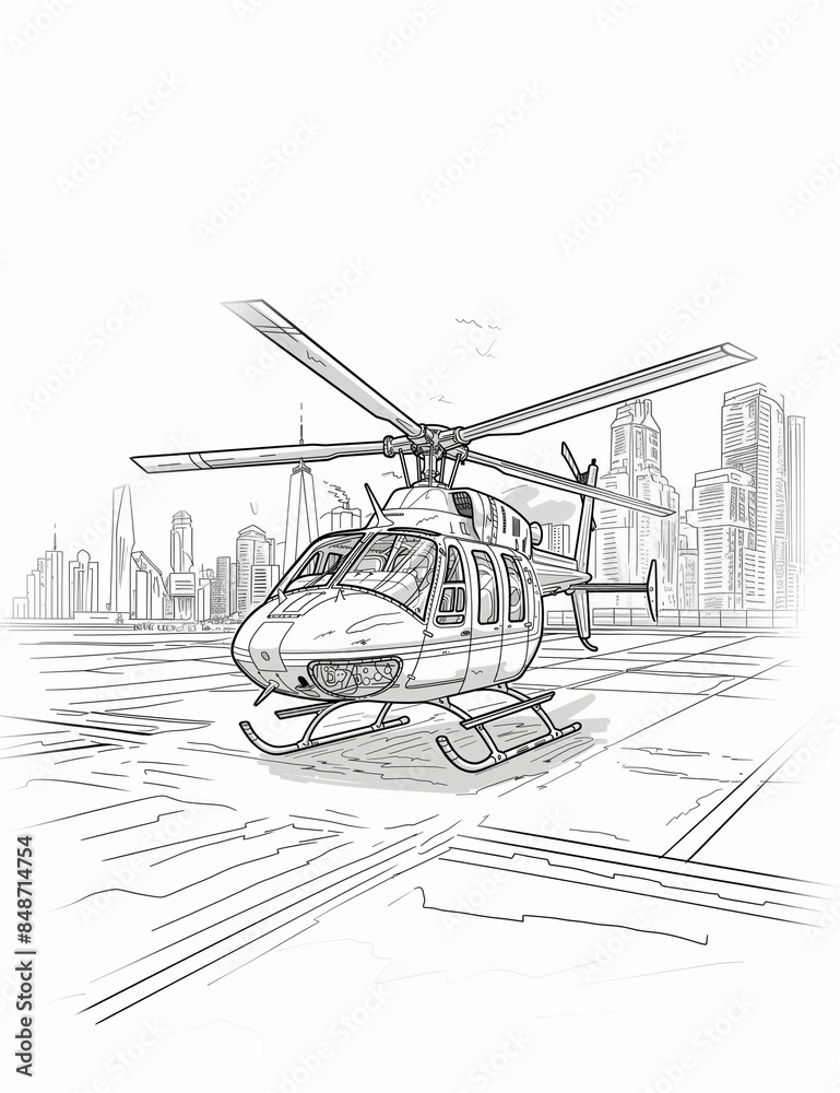 Fototapeta premium Helicopter in the city. Coloring Pages: Printable Transportation Line Art for All Ages - Relaxing Coloring Pages for Adults - Printable pages - Black and white 