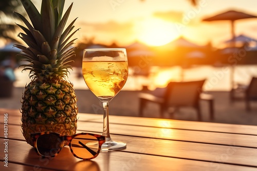 A pineapple and cocktail glass on the table photo