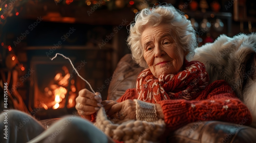Senior Woman Knitting by the Cozy Fireplace Warm Lighting and Soft Tones Senior Woman Knitting by the Cozy Fireplace Warm Lighting and Soft Tones