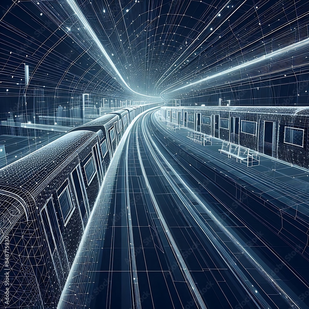 Fototapeta premium Modern abstract high-speed movement. Dynamic motion light trails on dark blue background. Futuristic, technology pattern for banner or poster design background concept.