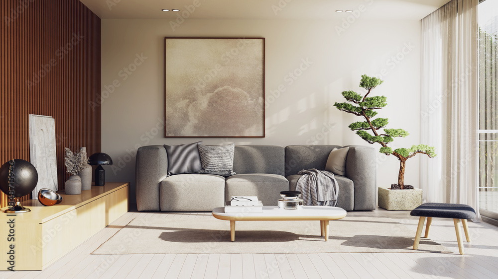 Fototapeta premium Large luxury modern bright interiors Living room mockup illustration 3D rendering image