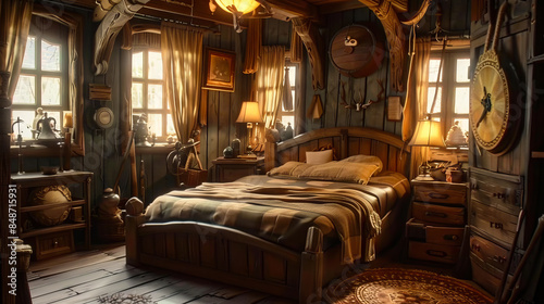 A bedroom with wooden furniture and a large bed. © VISUAL BACKGROUND