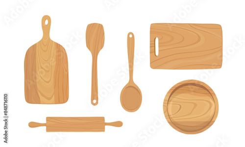 Set of wooden kitchenware. Cutting board, bowl, wooden spoon, rolling pin. Hand drawn illustration vector.	