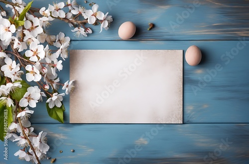 Easter background with eggs and an empty sheet photo