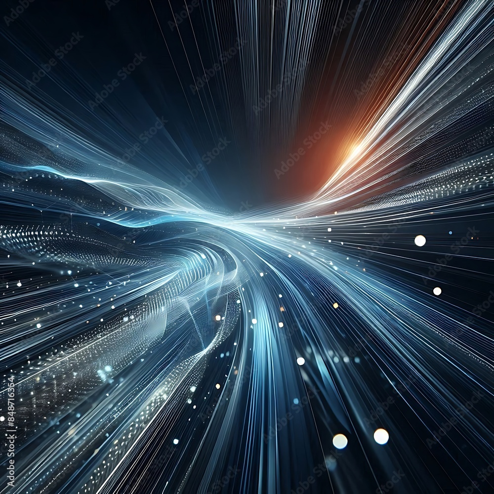 Obraz premium Modern abstract high-speed movement. Dynamic motion light trails on dark blue background. Futuristic, technology pattern for banner or poster design background concept.