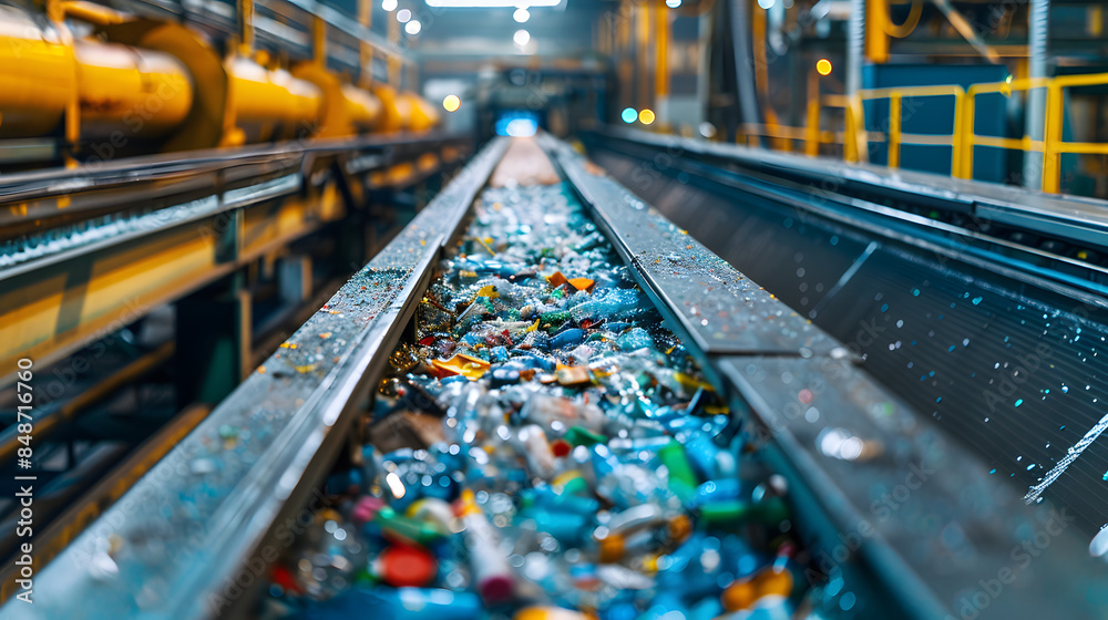 A close up of a recycling machine sorting plastic waste in a recycling factory, with a backdrop of conveyor belts A close up of a recycling machine sorting plastic waste in a recycling factory, with a backdrop of conveyor belts