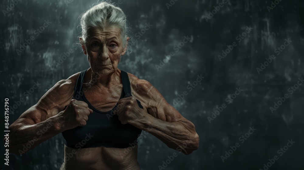 Old woman who is strong because of exercise and bodybuilding, health concept Old woman who is strong because of exercise and bodybuilding, health concept