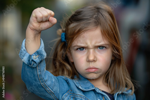 Angry little girl raising her fist in frustration photo