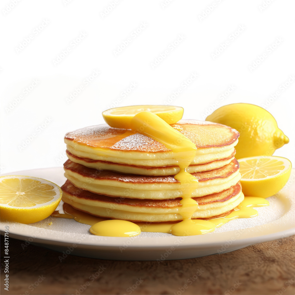 Lemon ricotta pancakes fluffy stack in glass plate lemon curd dolloping Food and Culinary concept Lemon ricotta pancakes fluffy stack in glass plate lemon curd dolloping Food and Culinary concept