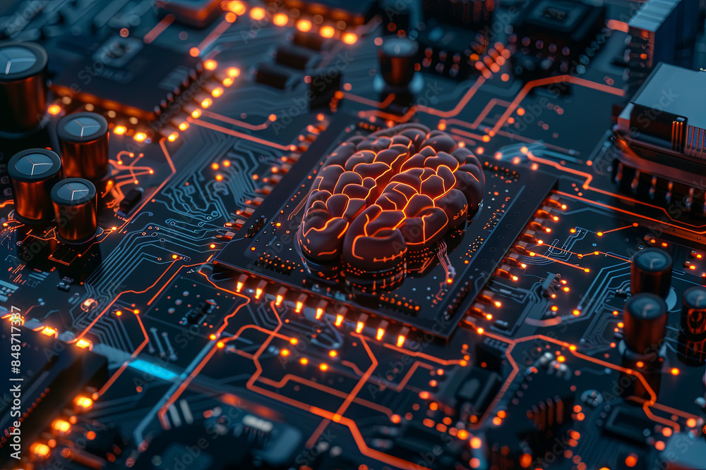 Neural network and AI processing unit on a futuristic circuit board Neural network and AI processing unit on a futuristic circuit board