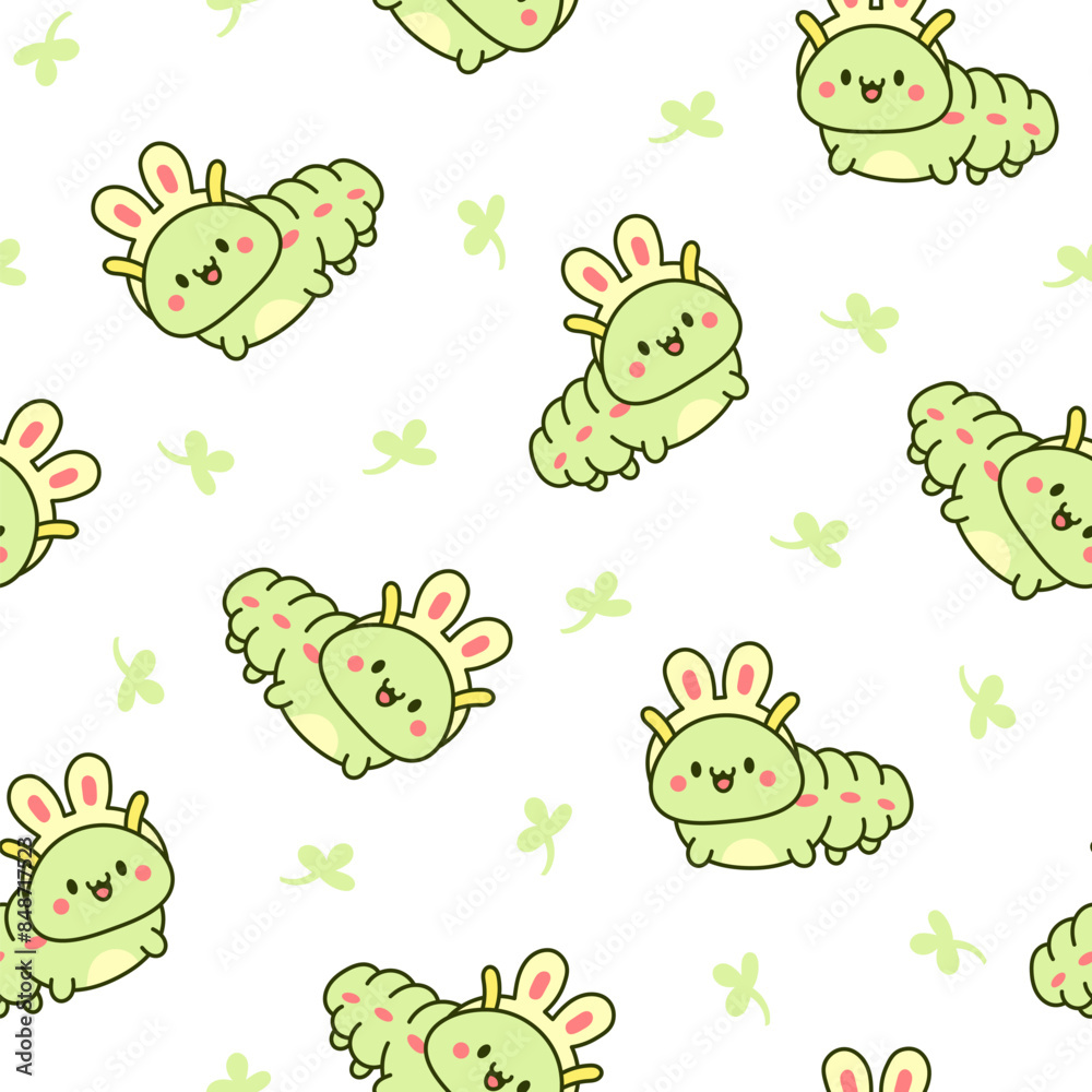 Naklejka premium Cute kawaii caterpillar. Seamless pattern. Cartoon little insect characters. Hand drawn style. Vector drawing. Design ornaments.